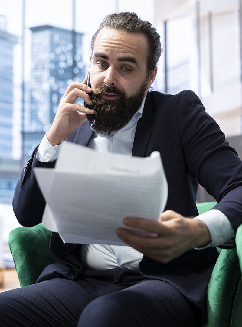Male entrepreneur holds a decision making call with senior consultant